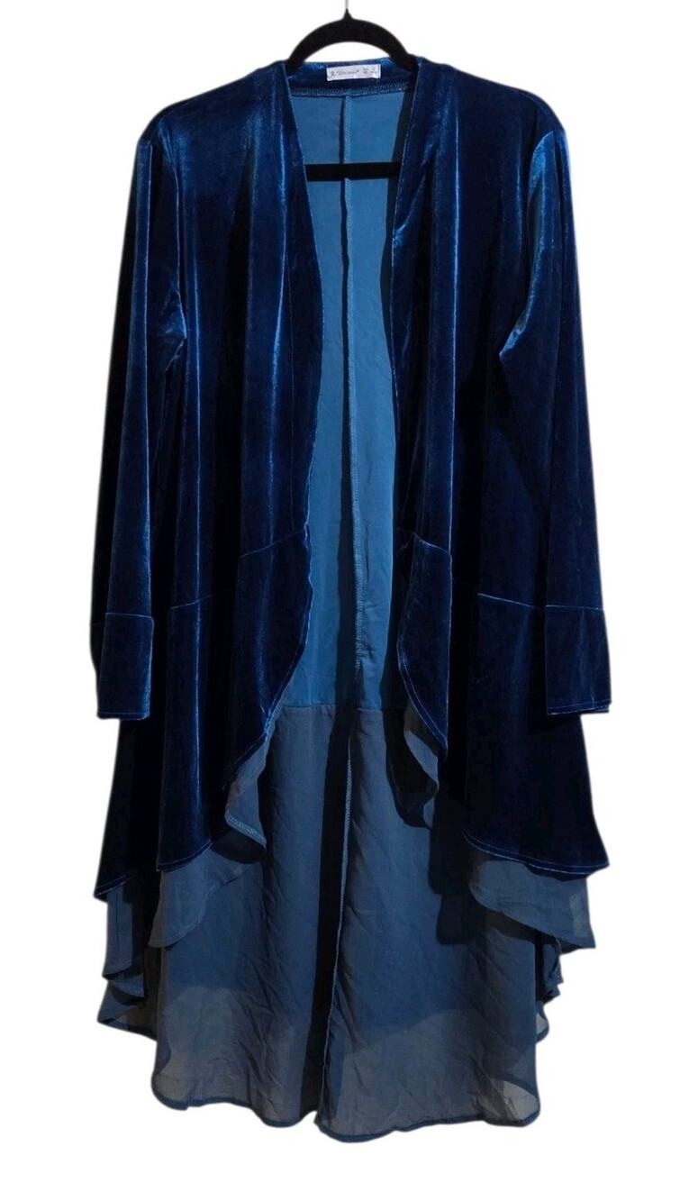 EUC R. Vivimos Ruffled Long Velvet Blazer Coat Jacket Sea Blue Womens XL 16-18